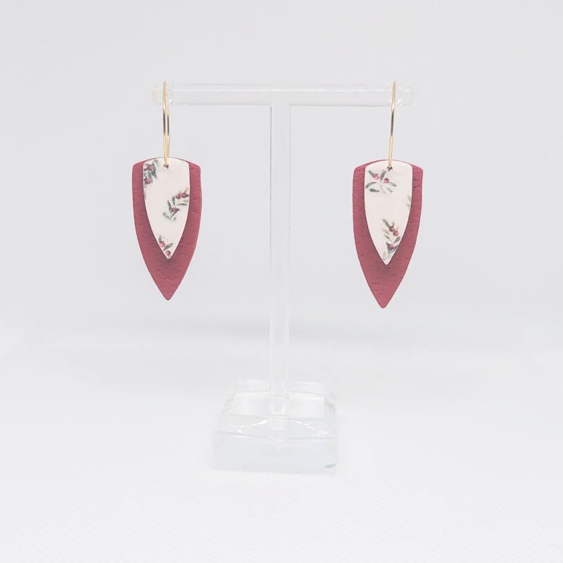 Holly and berries hoop earrings, medium layered daggers, red - gold