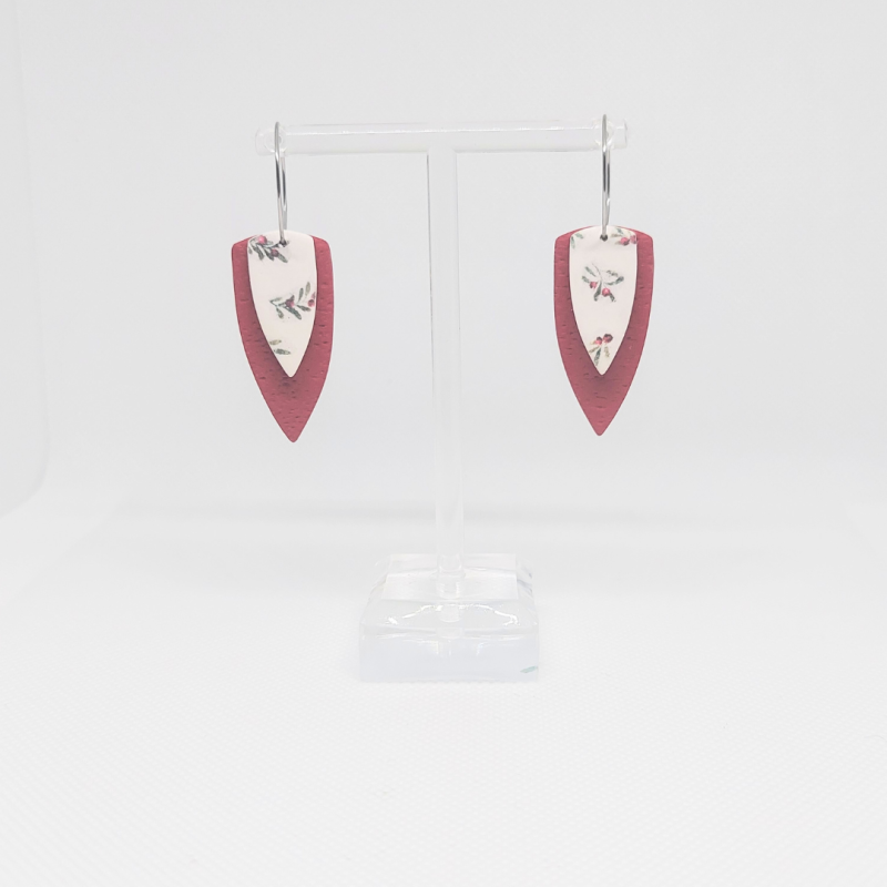 Holly and berries hoop earrings, medium layered daggers, red - silver