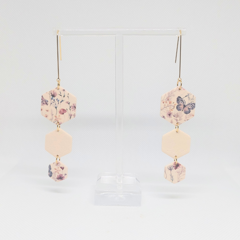 Tiered hexagon dangle earring, butterfly garden - gold